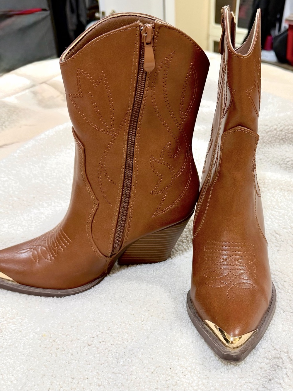 Fashion Nova Brown Western Heeled Ankle Boots with Gold Toe